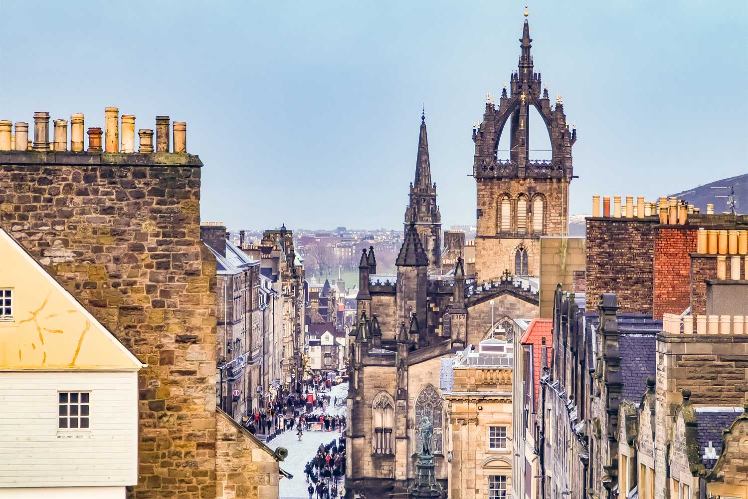 the royal mile in Edinburgh as seen from Castle Esplanade. A great place to visit during a vacation in edinburgh.