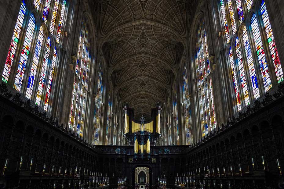The interior of Kings College chapel - a must visit attraction on a tour of cambridge, norfolk and suffolk.