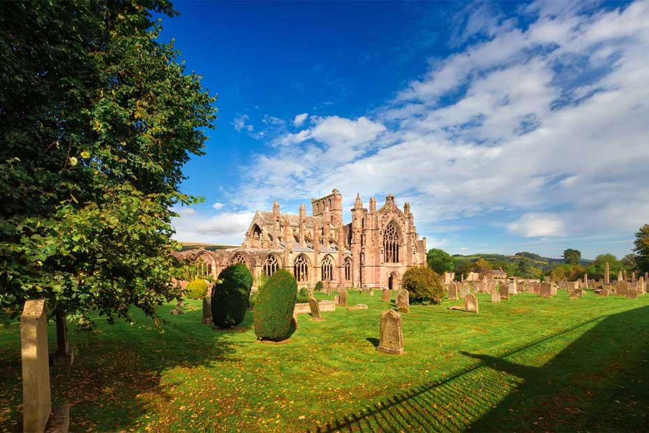 Melrose Abbey, on a summers day. The Abbey is one of a collection that can be found in the scottish borders.