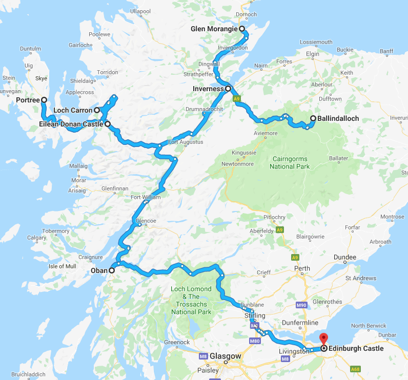 A route map of the Scottish Whisky Trail offered by Turas Travel.