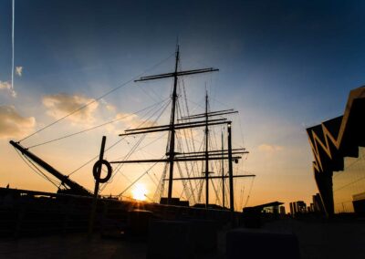 Sunset over the River Clyde and the Glasgow Tall Ship