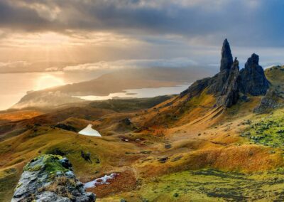 a view of the old man of storr on the isle of skye, used to illustrate options of vacations in scotland