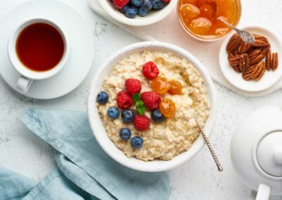 oatmeal porridge with blueberry raspberry jam
