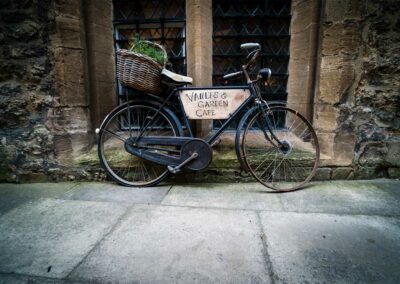 vaults and garden cafe sign on a bicycle in oxford 1